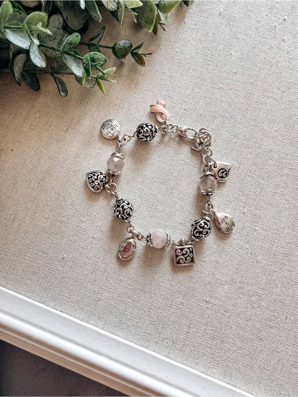 Brighton Silver Pink Crystal Heart Charm Bracelet